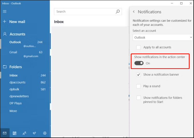 turn off Show notifications in the action center to disable the Windows 10 Mail app