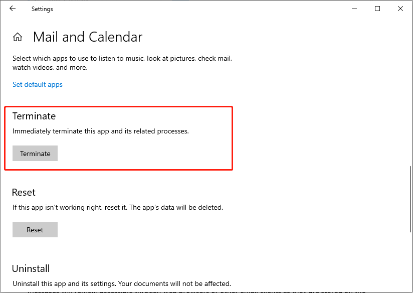 click the Terminate button to disable the Windows 10 Mail app