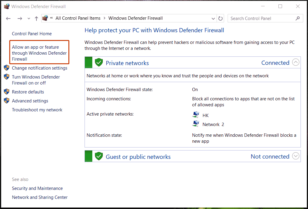 allow an app or feature through Windows Defender Firewall in Control Panel