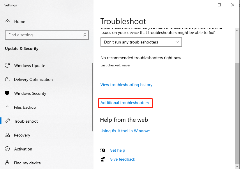 click Additional troubleshooters to find the Windows Update troubleshooter option