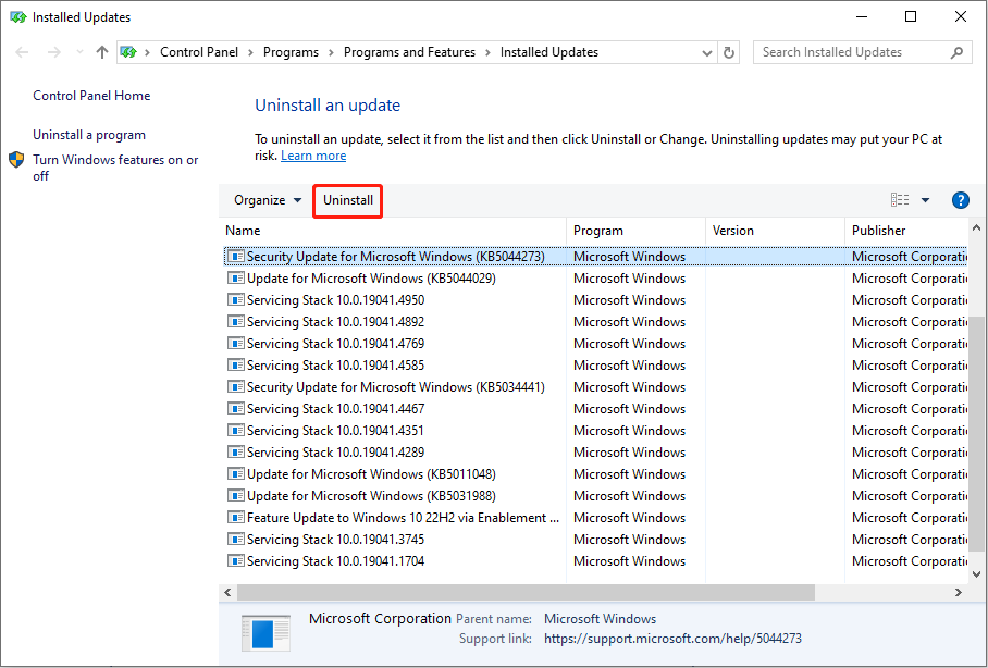 uninstall the latest Windows updates via Windows Settings