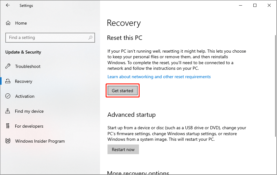 resetting the computer in Windows Settings