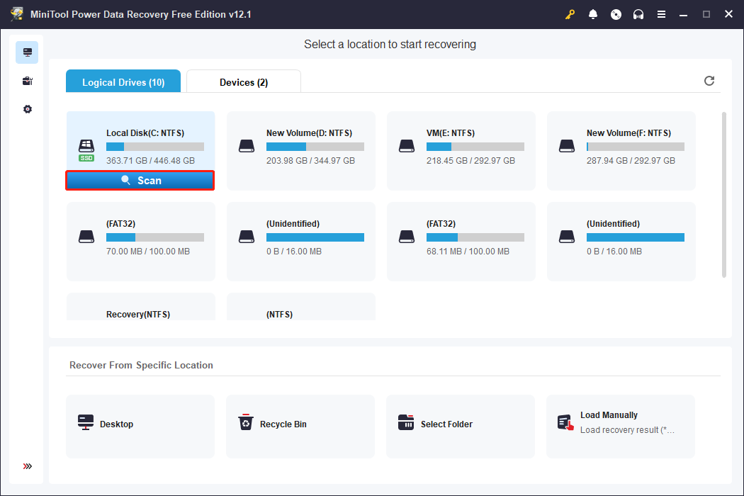 in the main interface of MiniTool Power Data Recovery, scan the target drive