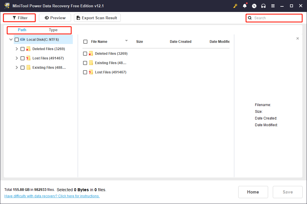 in the scanning results interface of MiniTool Power Data Recovery, find the needed files using the related features