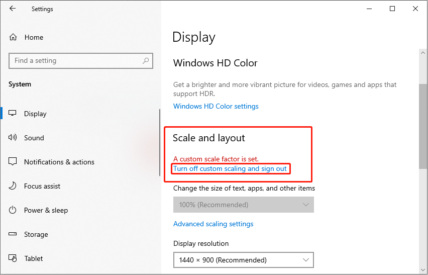 in Settings, turn off custom scaling and sign out