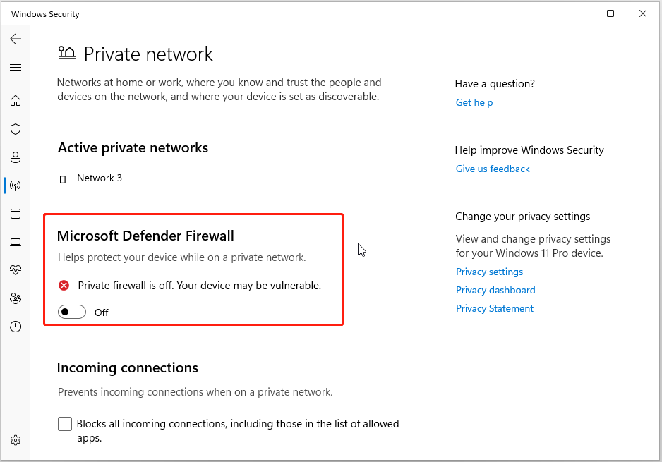 turn off the Microsoft Defender Firewall in Windows 11 Settings