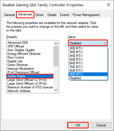 in the network adapter properties window, change the MTU value