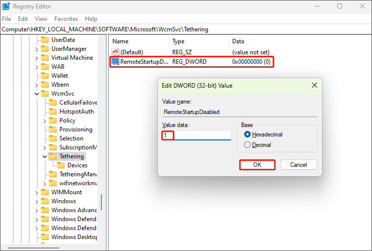 edit the value data from 0 to 1 to disable mobile hotspot