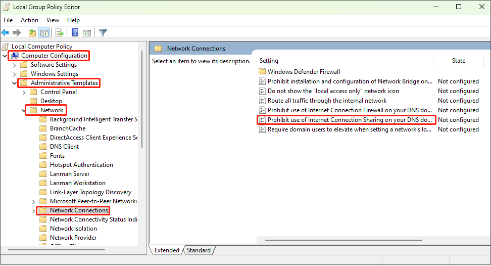 in the Local Group Policy Editor, find the Internet Connection Sharing on your DNS domain