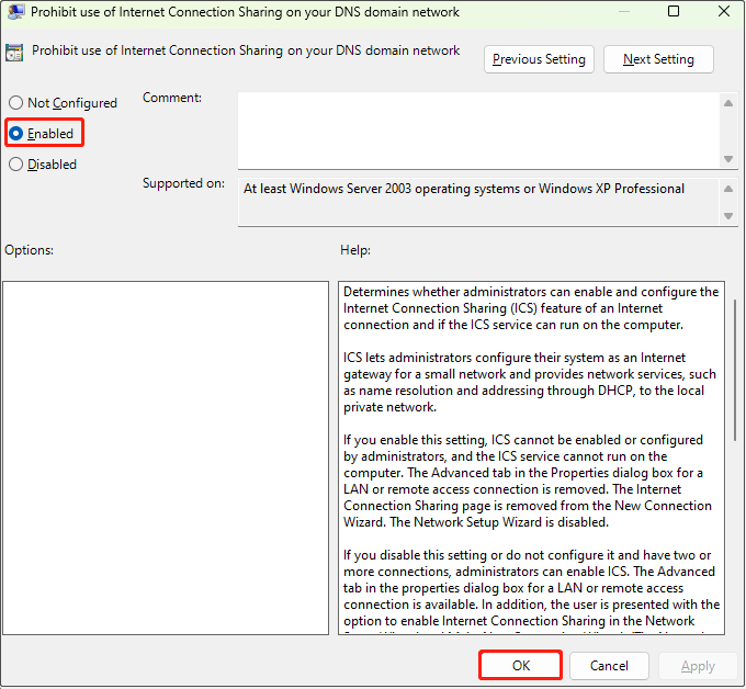 enable the Prohibit use of Internet Connection Sharing on your DNS domain network option