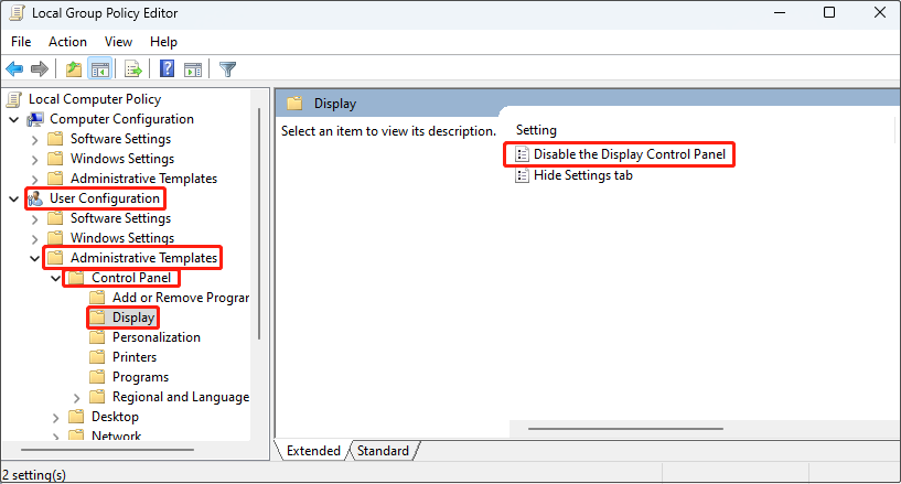 in the Group Policy Editor, find the Disable the Display Control Panel