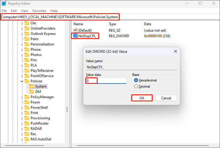 change the NoDispCPL value data to 0 with Registry Editor