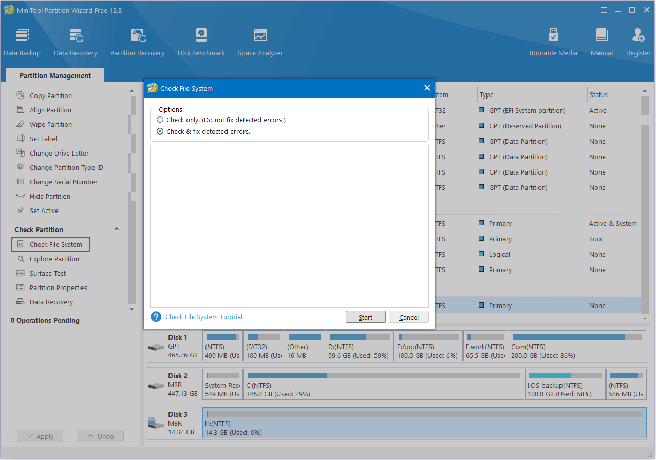 check disk file system in MiniTool Partition Wizard