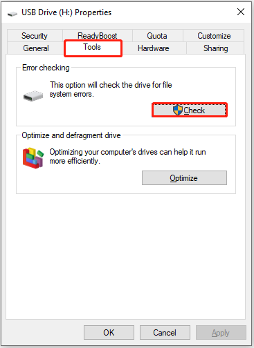 check the drive for file system errors in the disk properties interface