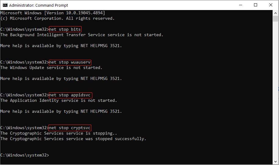 run the command to stop BITS, Windows Update, and Cryptographic services