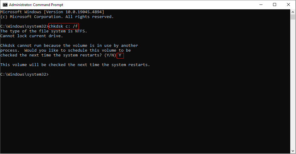 run the command to check the disk for issues in the Command Prompt