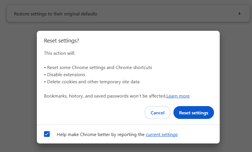 reset Google Chrome to default settings