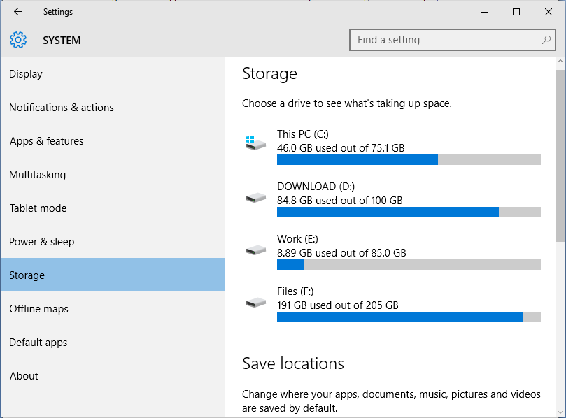 visualizzare l'utilizzo dello spazio di archiviazione in Windows 10