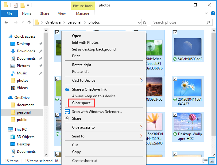 seleziona la cartella OneDrive e scegli Cancella spazio