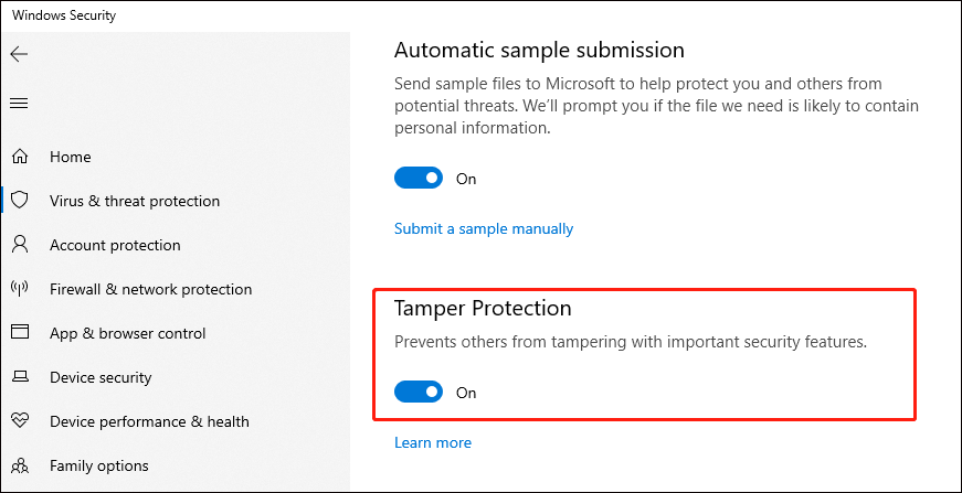 toggle on the button of Tamper Protection