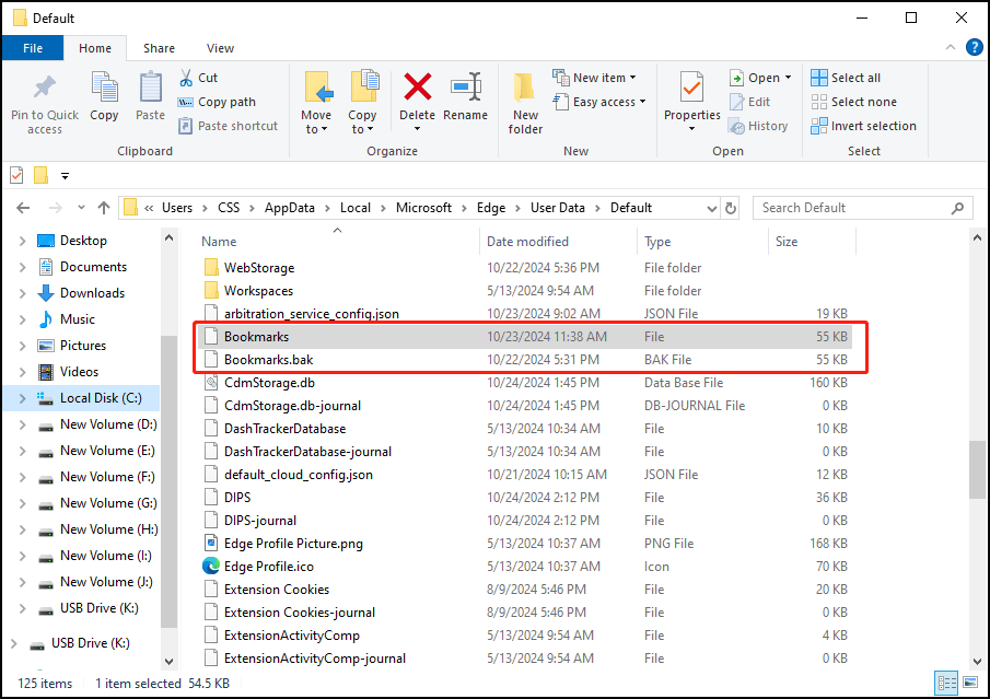 find the Bookmarks file in File Explorer