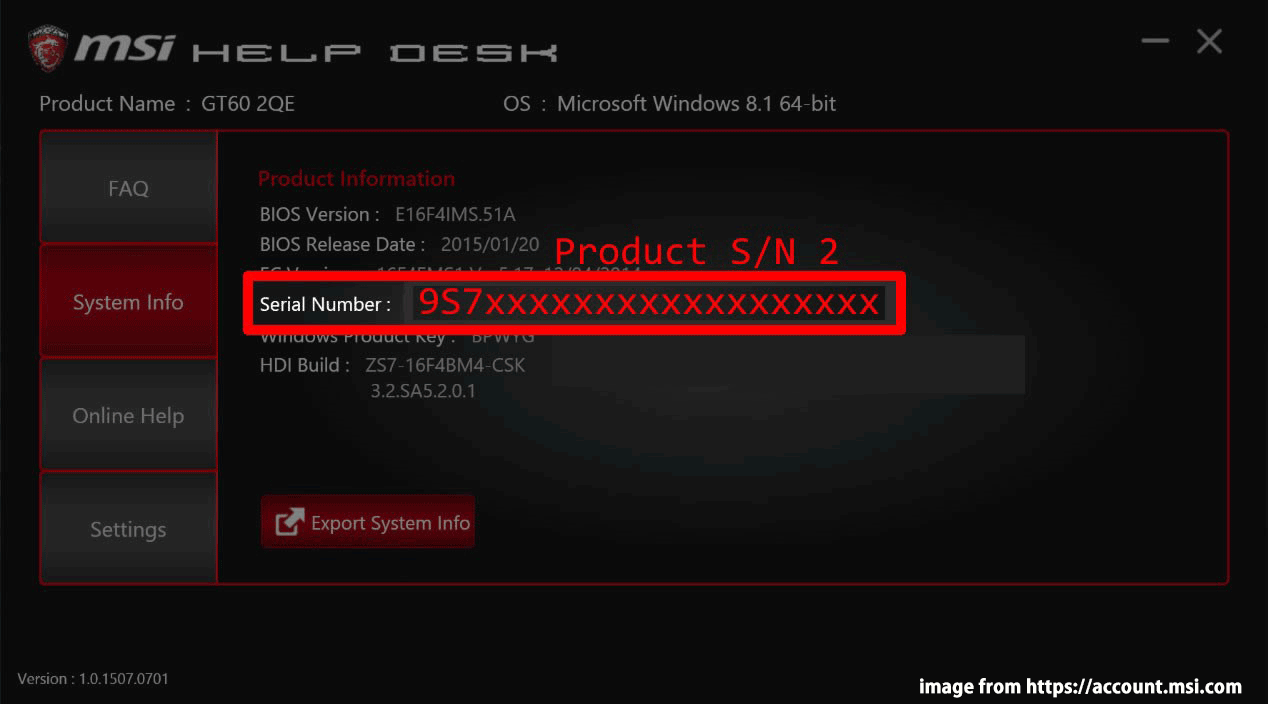 check serial number for MSI laptop via MSI Help Desk