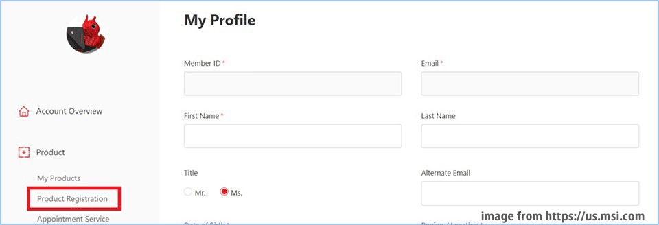 select Product Registration in MSI Member Center