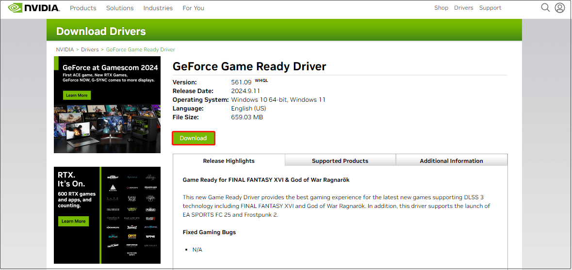 the GeForce Game Ready Driver Version 561.09 is available for download