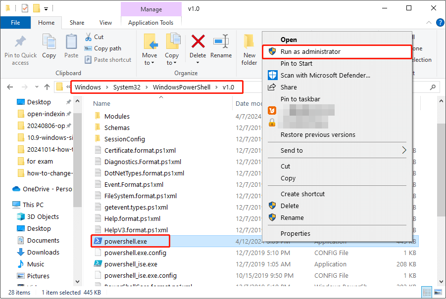 in the File Explorer, find and open the PowerShell file as administrator