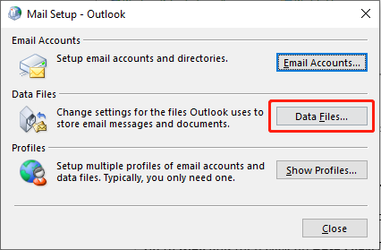 choose Data Files… to repair Outlook data files