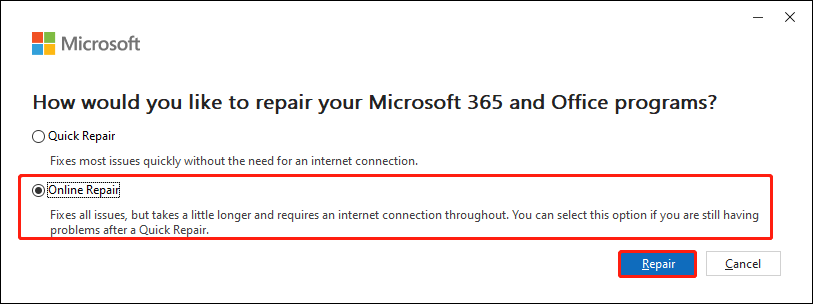 chose Online Repair and click the Repair button