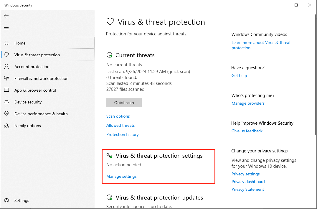 click Manage settings to add Hearthstone to the Windows Defender Exclusions list