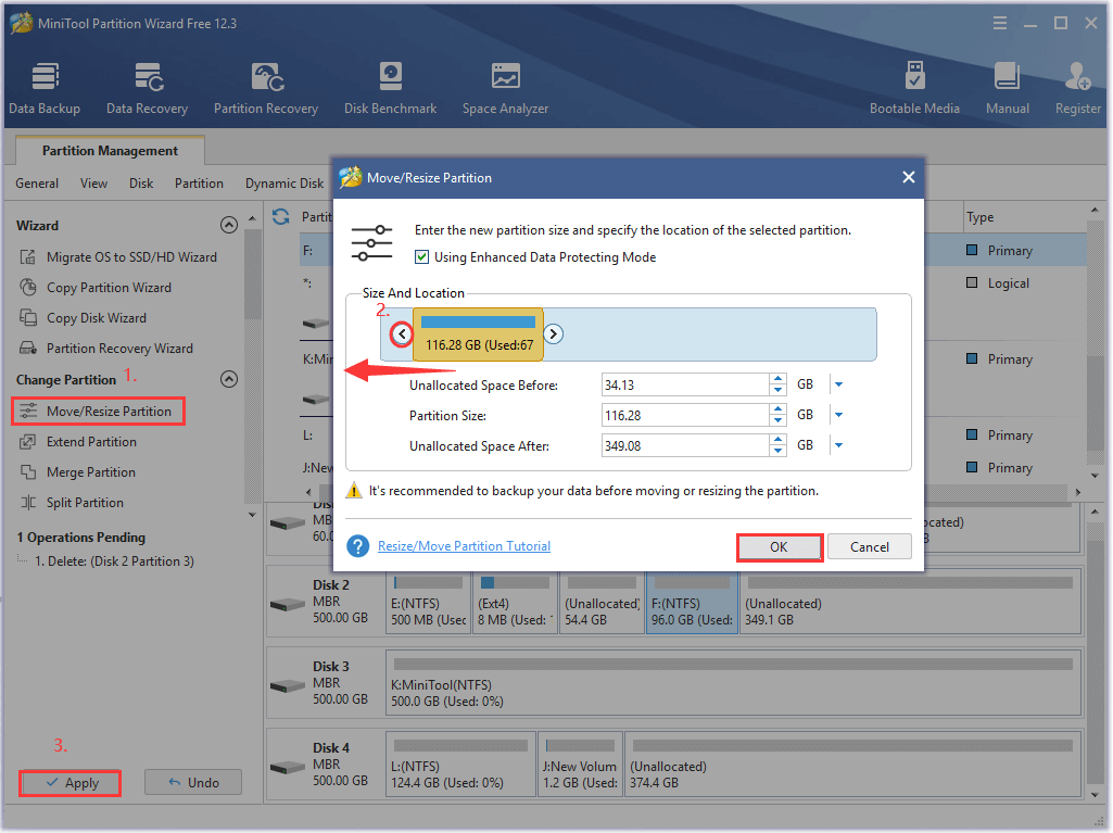 o processo de extensão da imagem PBR para outra partição utilizando o MiniTool