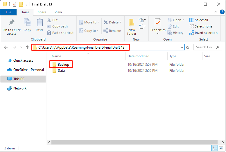 the Final Draft Backup folder in File Explorer