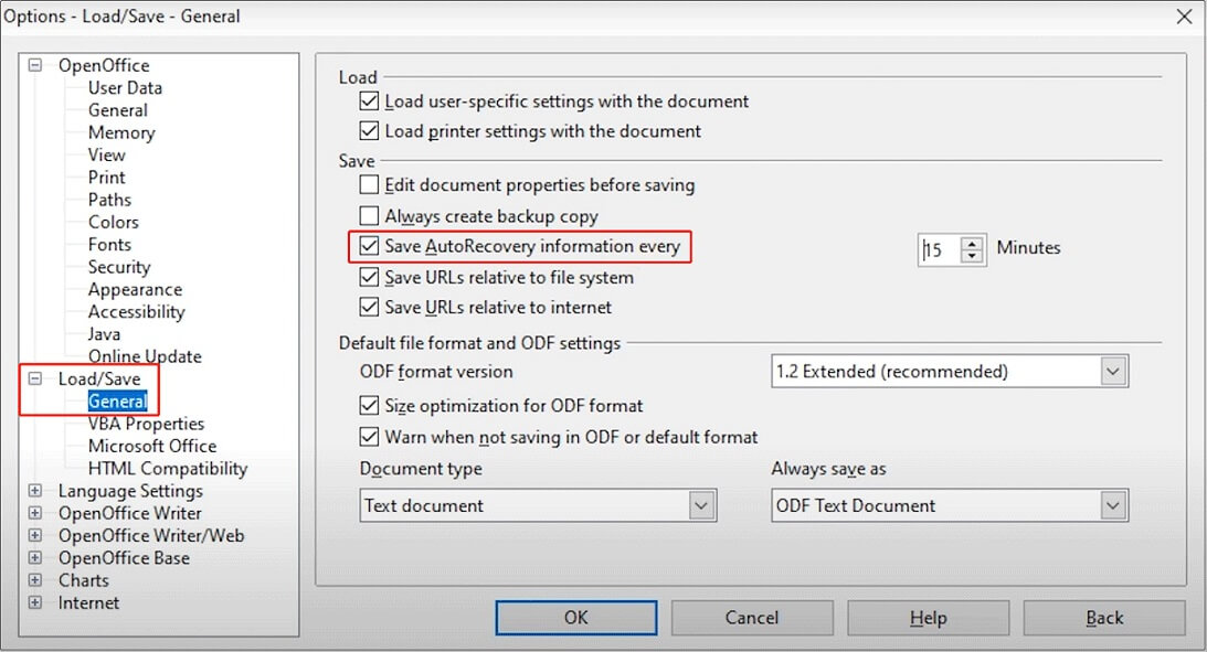 enable the AutoRecovery feature in OpenOffice settings