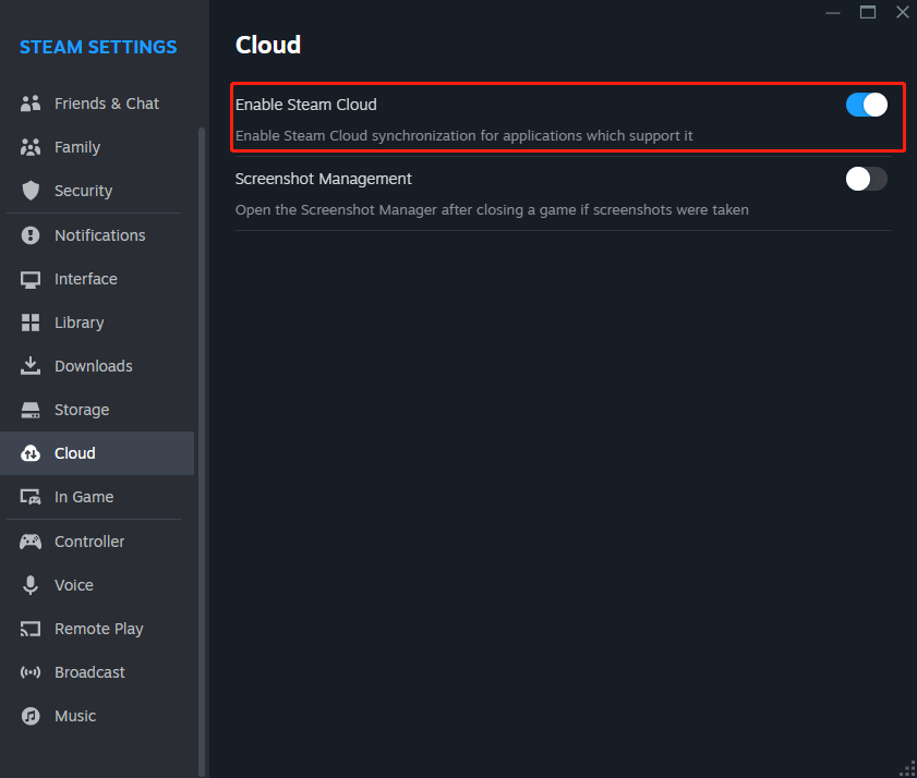 enable Steam Cloud