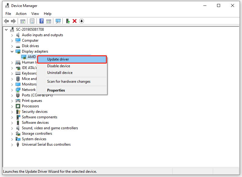 right-click on your display adapter to select Update driver