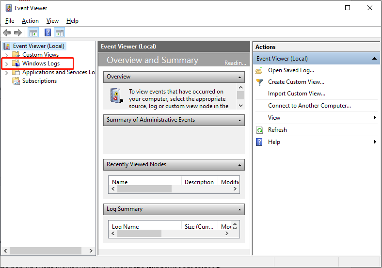 expand the Windows Logs folder to find the Windows Firewall logs