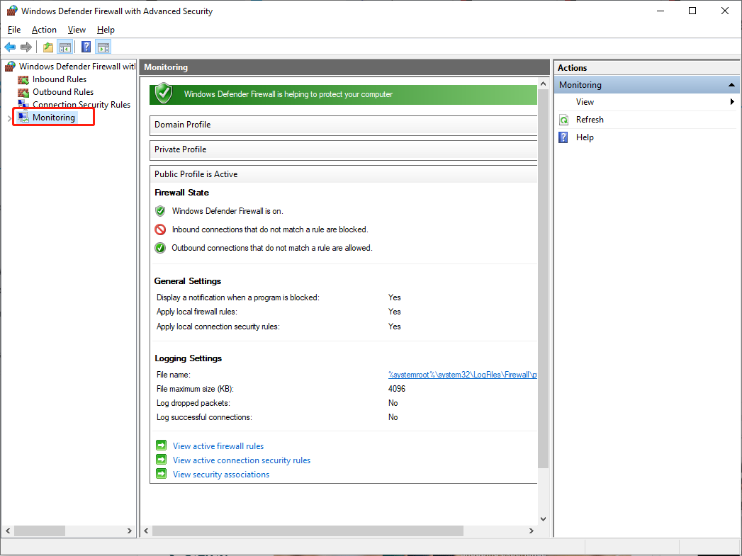 click Monitoring to find the firewall logs