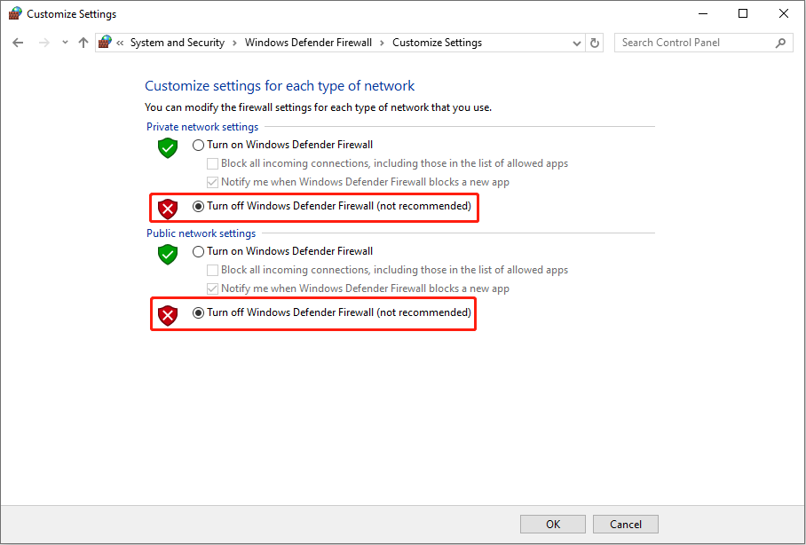 turn off Windows Defender Firewall in the Control Panel