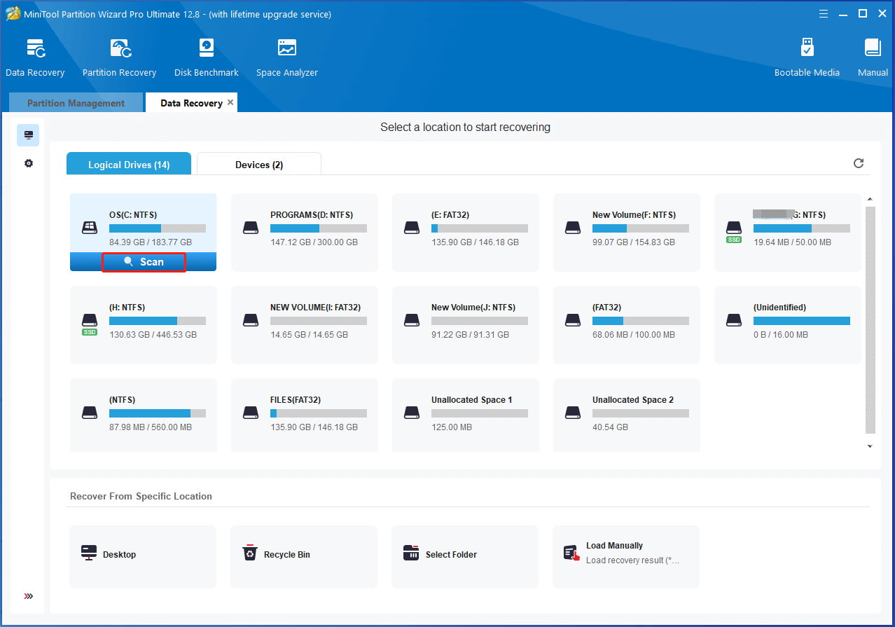 choose the drive to recover and click scan