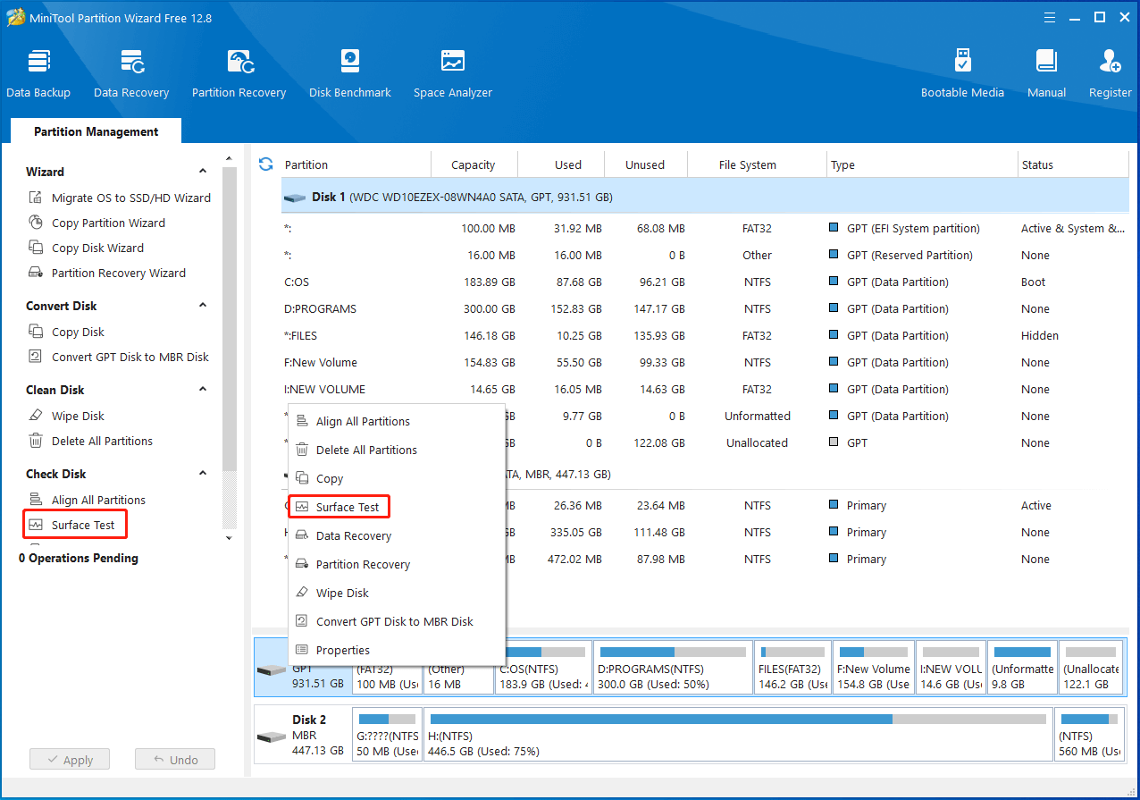 choose the surface test feature