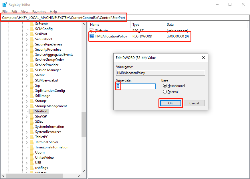 change the value data of HMBAllocationPolicy to 0 in Windows Registry Editor