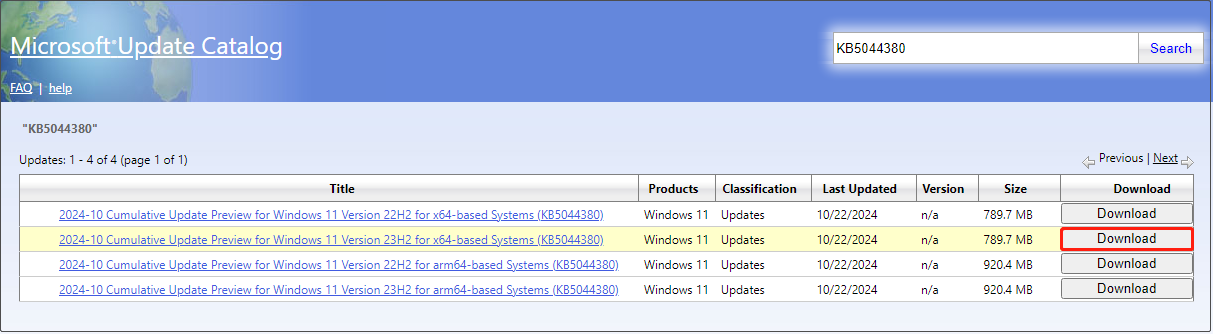 download the standalone package of KB5044380