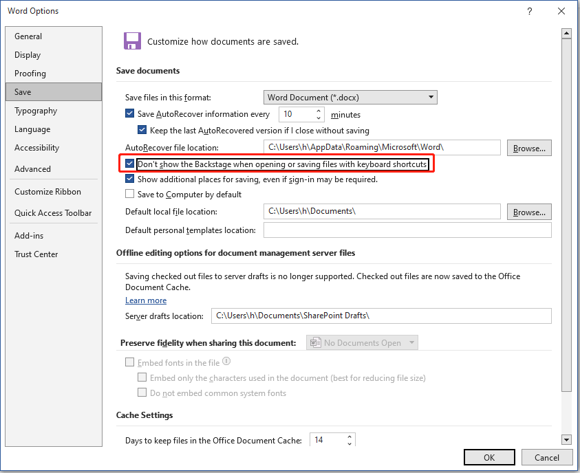 enable Don’t show the Backstage when opening or saving files with keyboard shortcuts