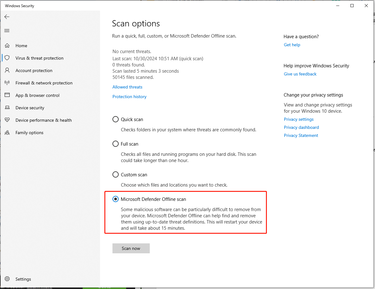 click Microsoft Defender Offline scan