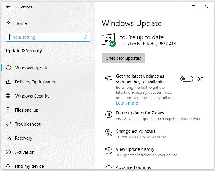 hit Check for updates to search for available Windows updates