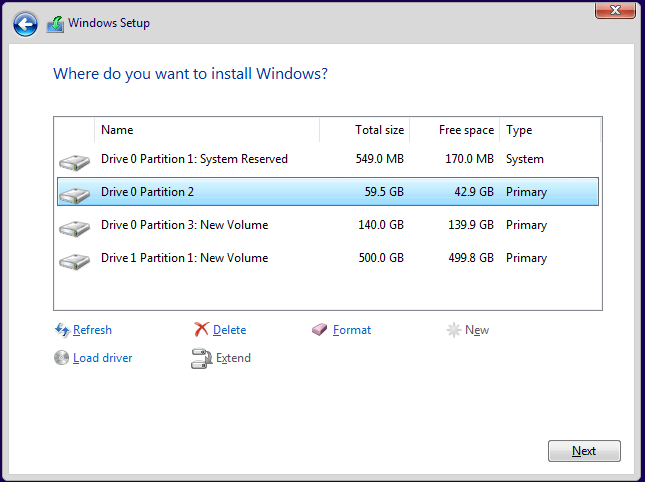 escolha uma unidade para instalar o Windows