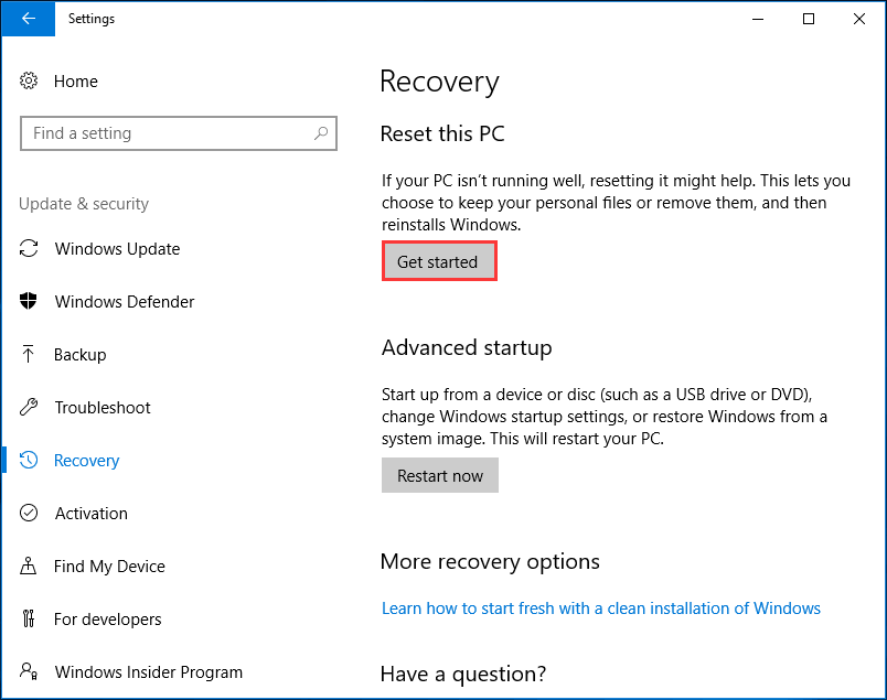 Réinitialiser ce PC sur Windows 10