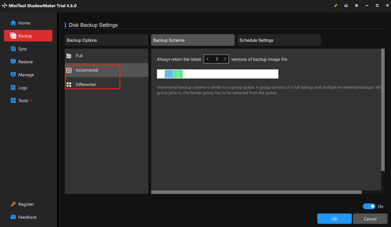 choose to backup only changed files with incremental or differential backups